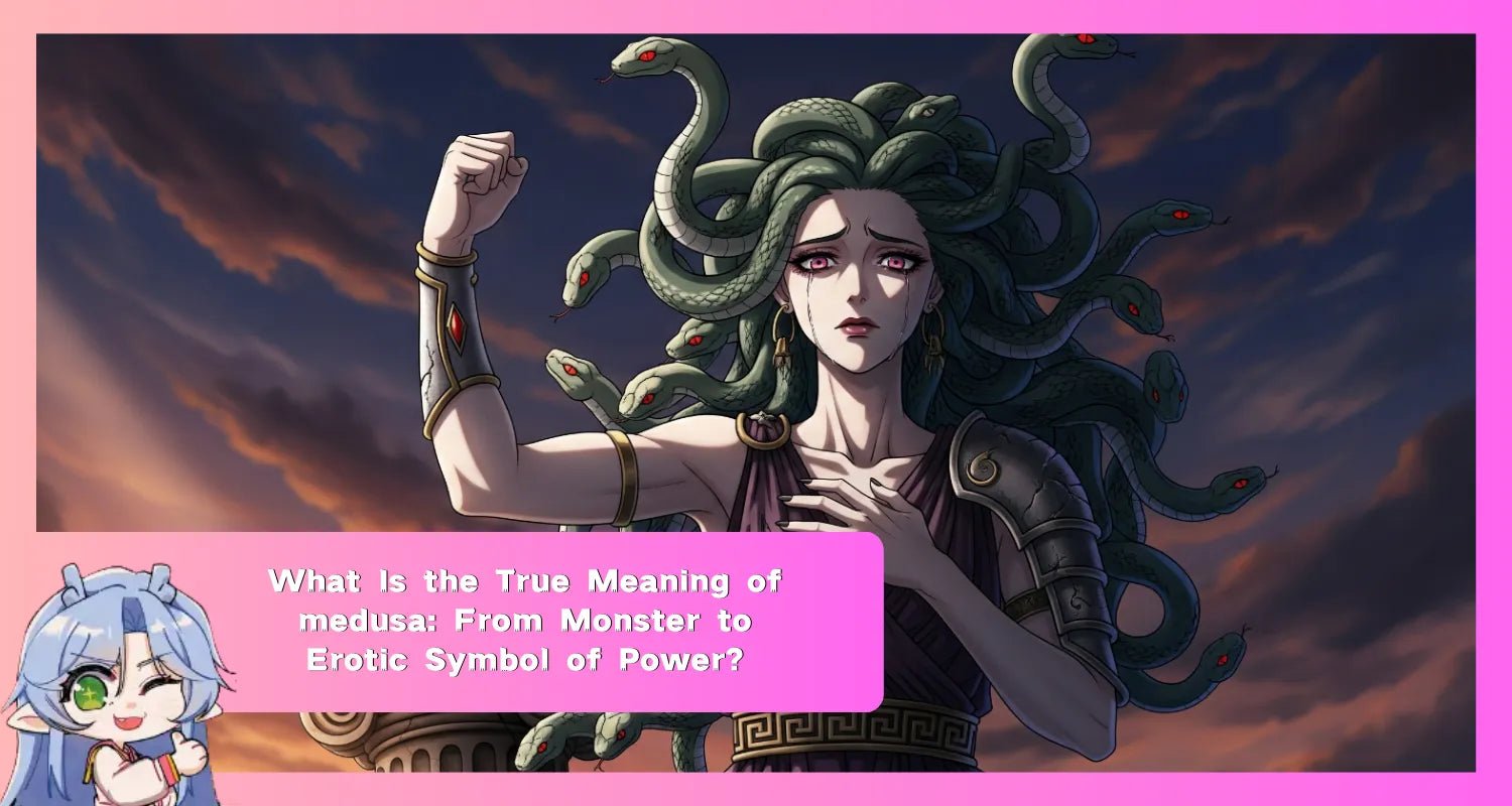 Image of Medusa with snake hair and tears, flexing an arm to show strength, against a dramatic sky, symbolizing her evolution from monster to a figure of power and survival.