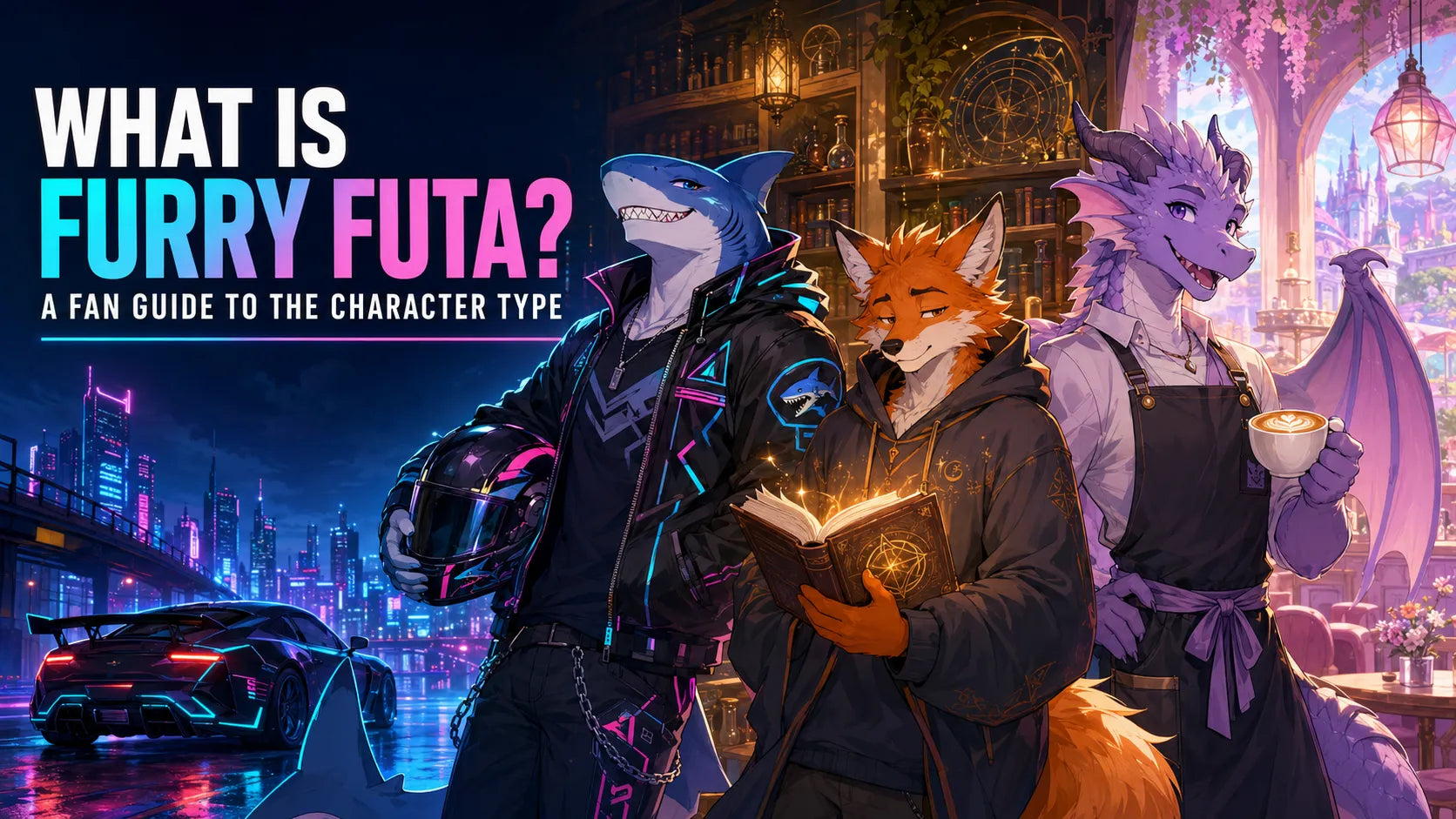 Image of What Is Furry Futa blog cover featuring a shark racer, fox mage, and dragon barista in three fantasy settings