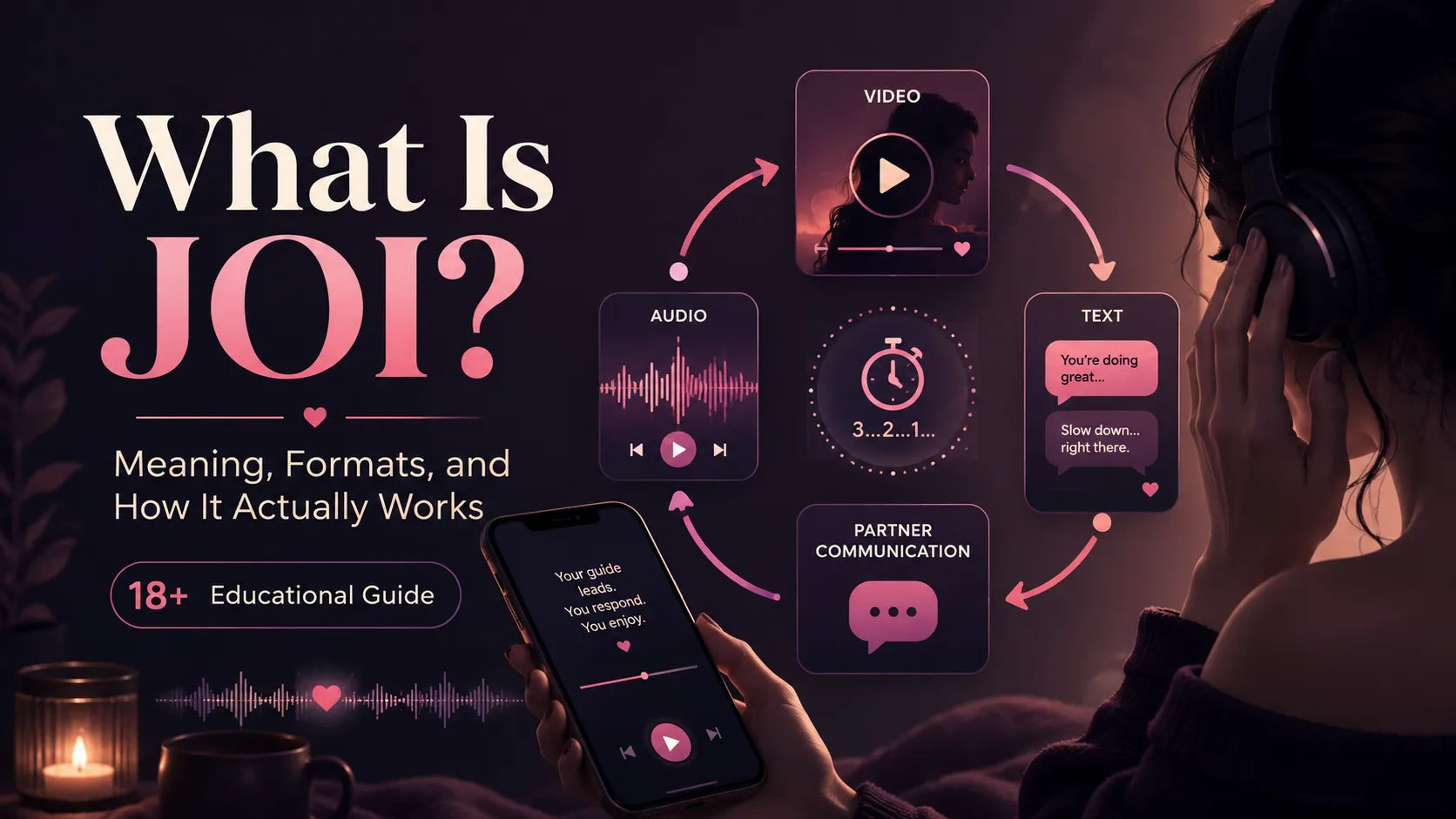 Image of What is JOI educational guide showing video, audio, text, partner communication, and guided adult content formats