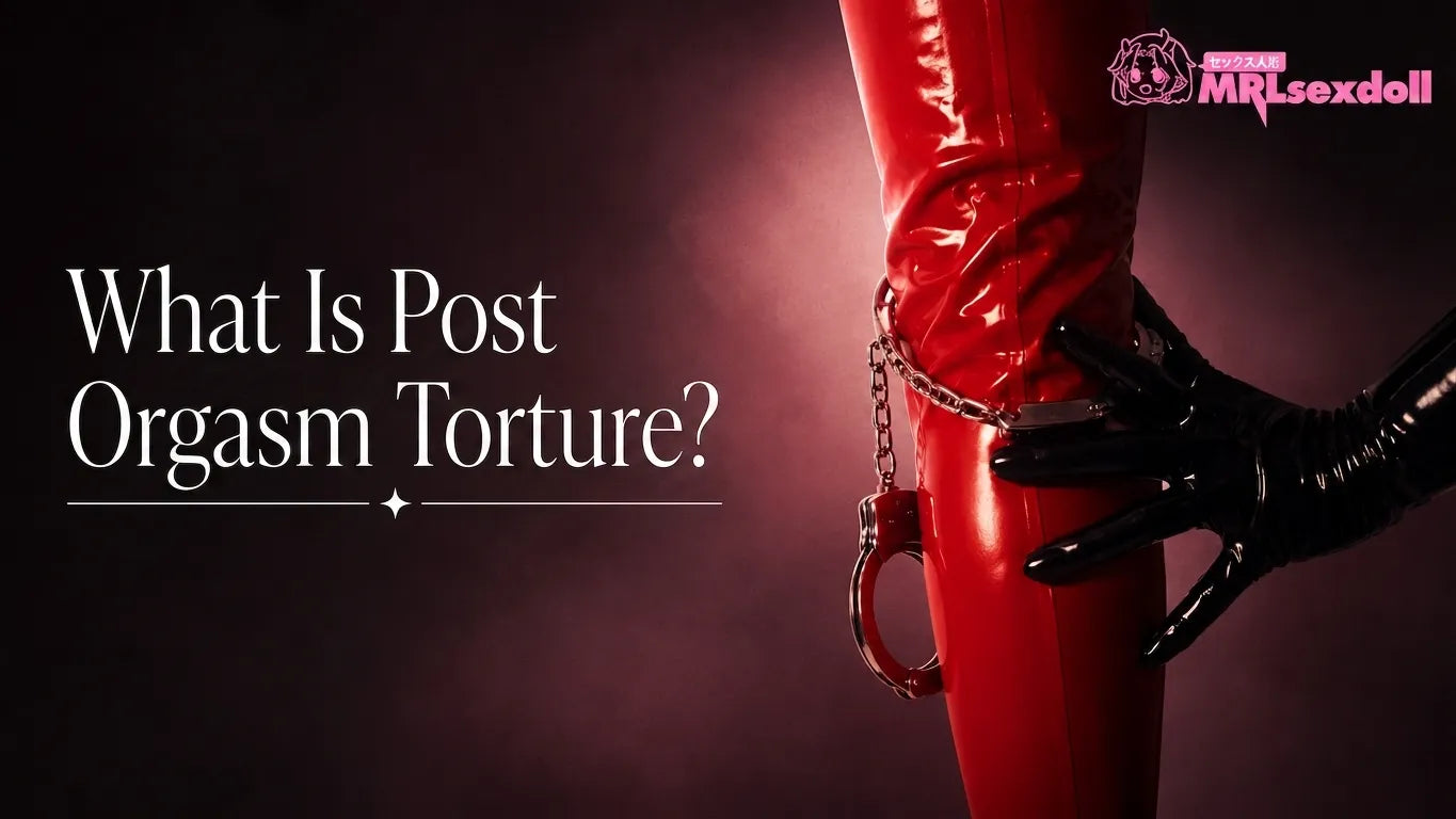Post orgasm torture kink education poster with red latex boot, black glove, silver handcuffs, and BDSM-inspired fashion styling