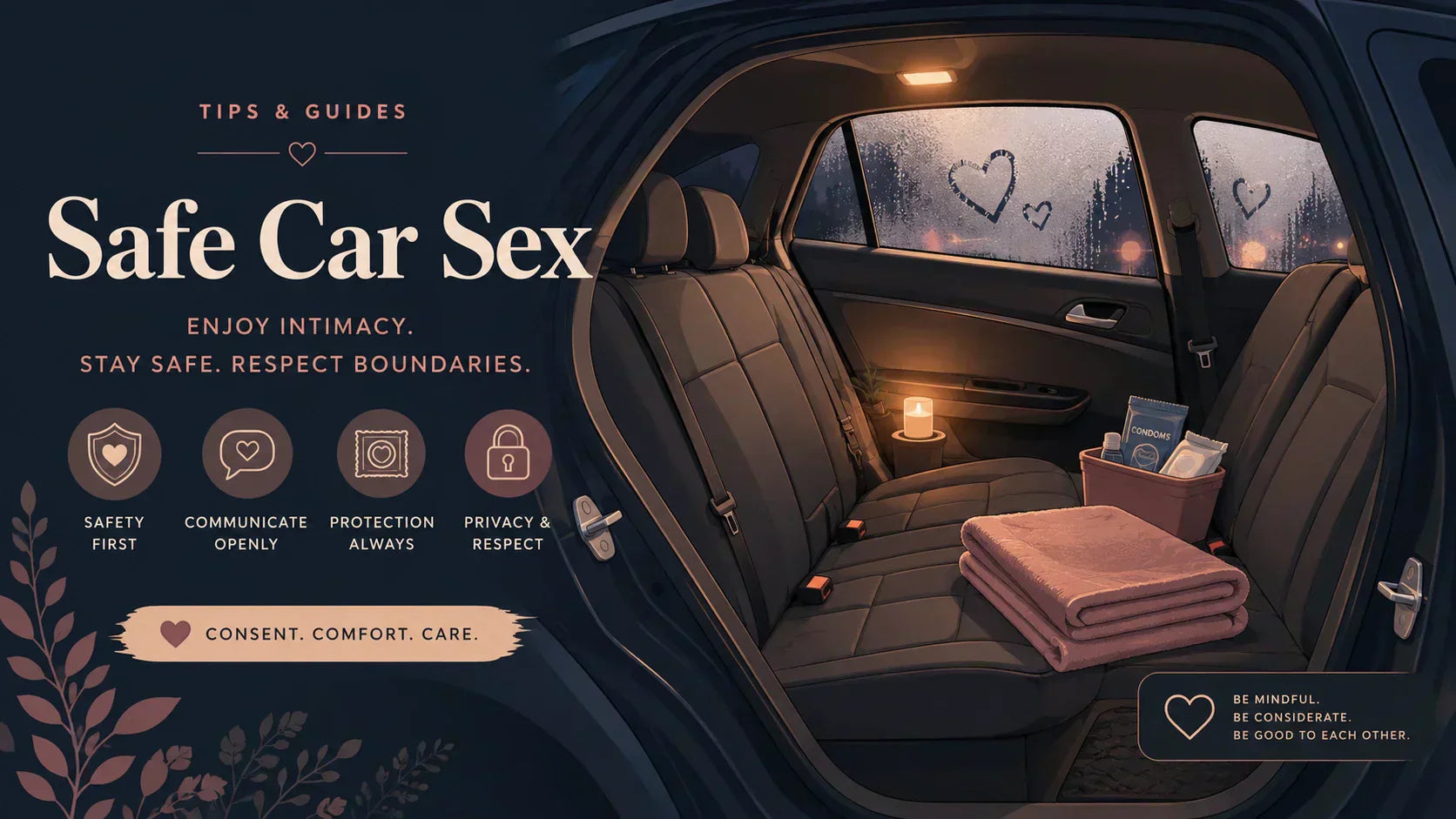 Image of Safe car sex guide showing a prepared rear seat with privacy, protection, comfort, and consent reminders.