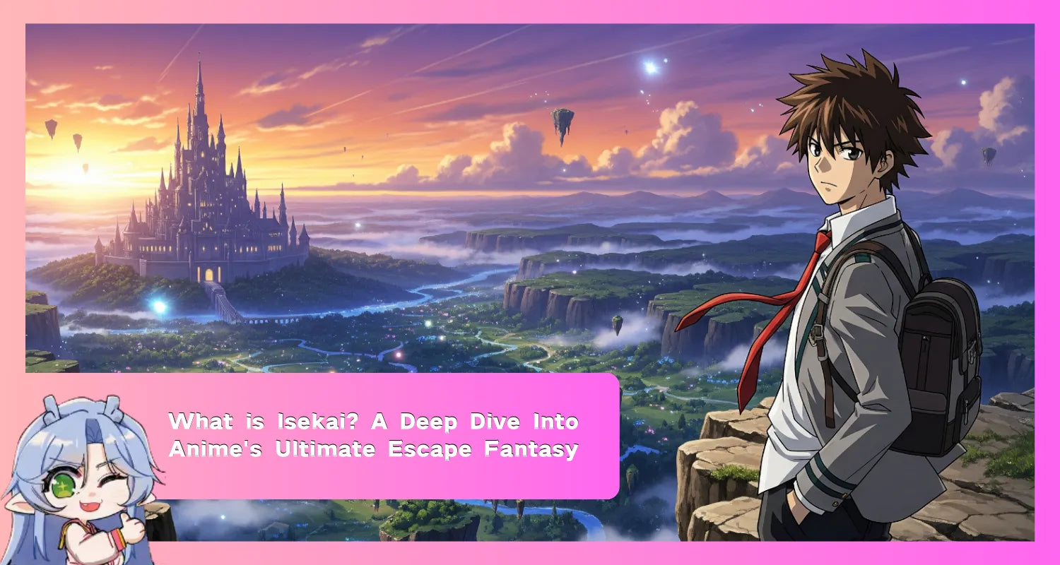 Image of What is Isekai anime: A hero in a school uniform overlooks a magical fantasy world, representing the ultimate escape fantasy genre.