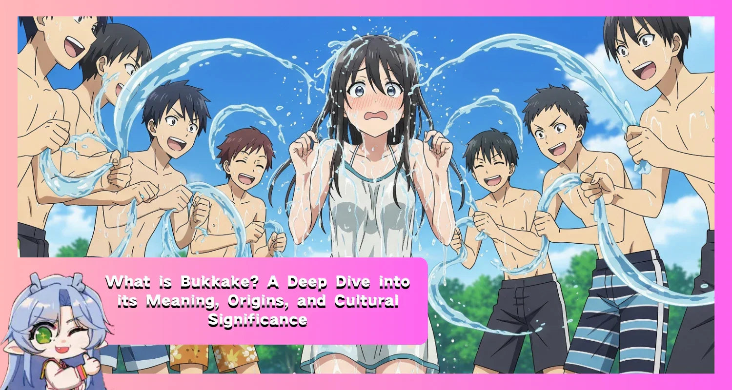 Image of Anime illustration of boys splashing a girl with water, representing the literal 'to splash' meaning of the word bukkake.