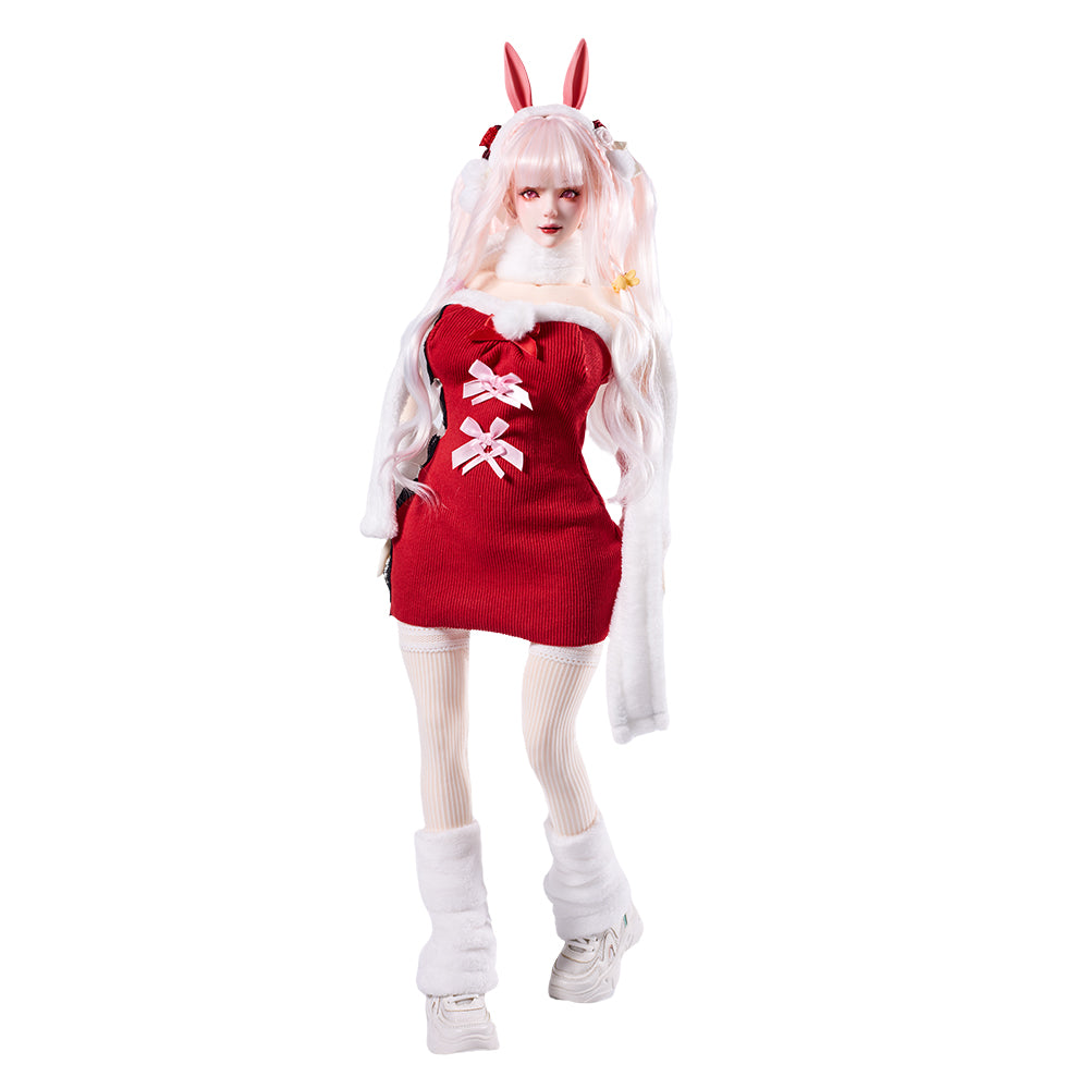 Image of The 'Color Bunny' cute girl anime figure with pink hair, dressed in a red Christmas-style bunny outfit with leg warmers.