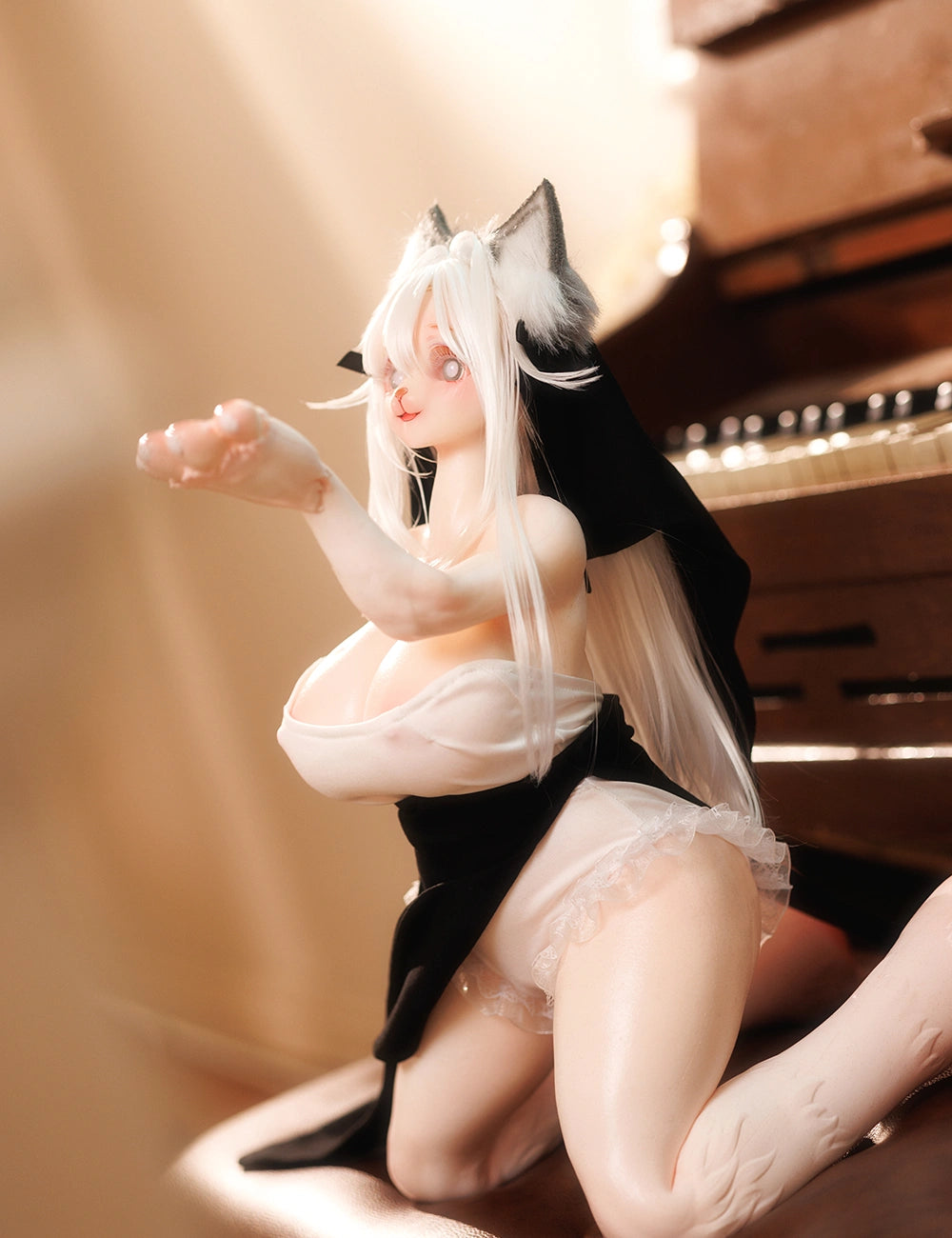 Image of An anthropomorphic hentai sex doll kneeling and blowing a kiss towards the viewer.