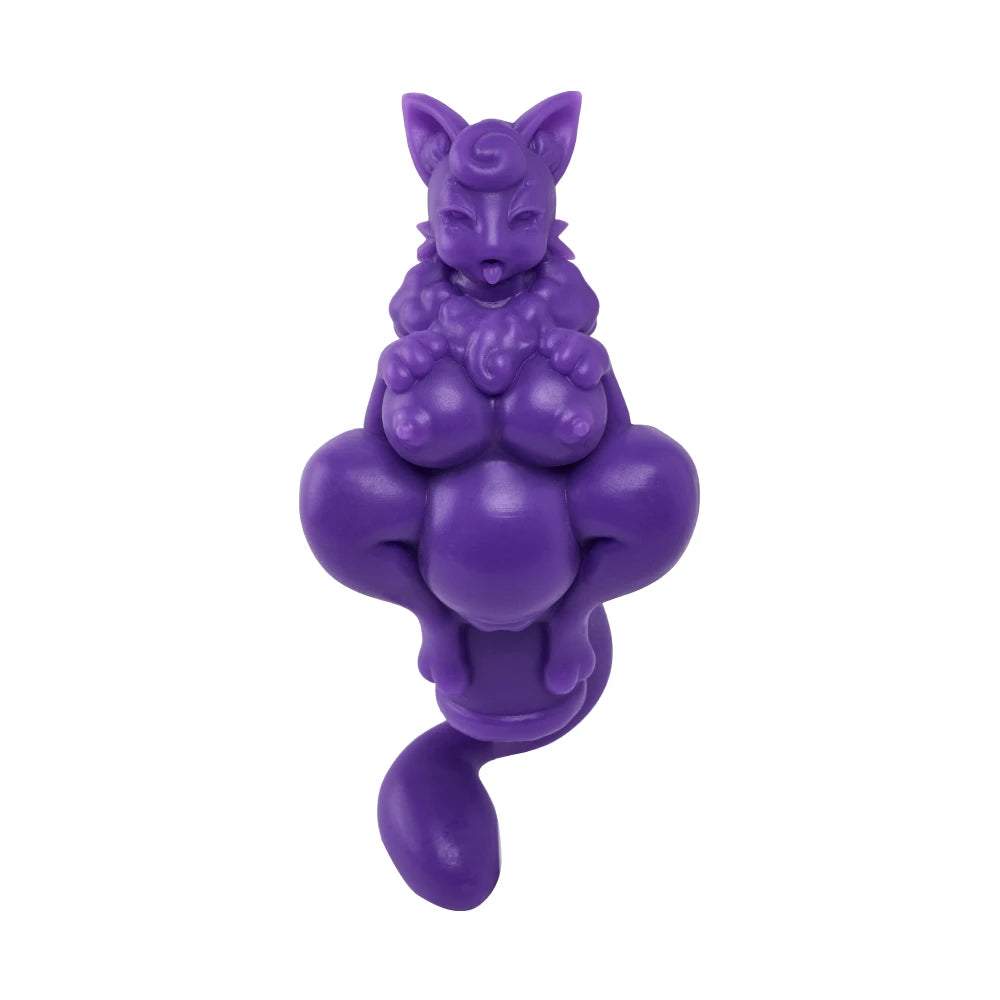 Image of Front view of Boinos Pokémon-inspired silicone sex doll with a crescent feline face, wide thighs, and long tail