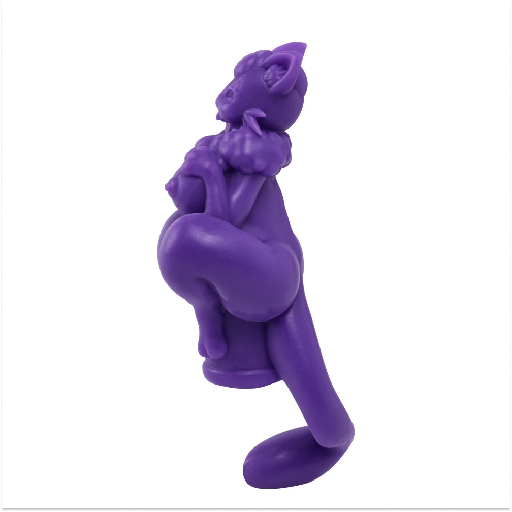 Image of Side view of Boinos purple silicone feline sex doll showing her compact body, rounded hips, and curved tail