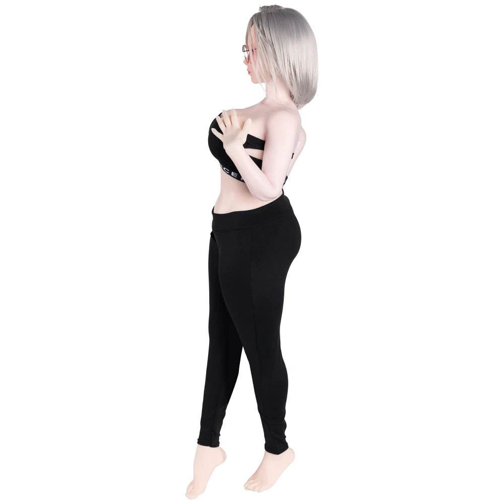 Image of Left-side view of Lily anime sex doll wearing a black outfit and glasses on a white background.
