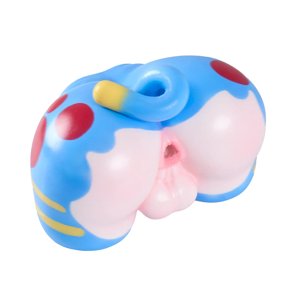 Image of White-background rear three-quarter view of Cove femboy sex doll showing the anal channel and yellow-tipped tail.