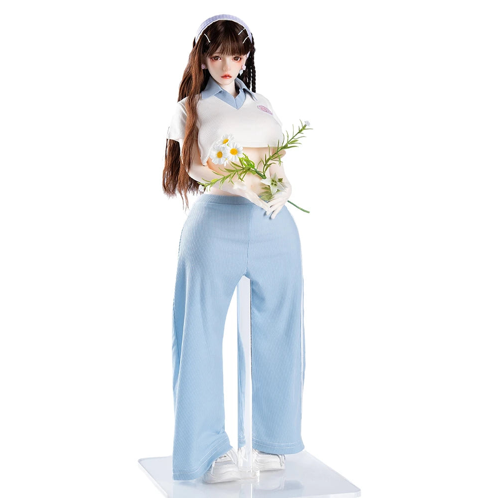 Image of The 3.0 Anna anime sex figure, a 'Hotgirl in Uniform' with graceful elegance, holding a bouquet of daisies.