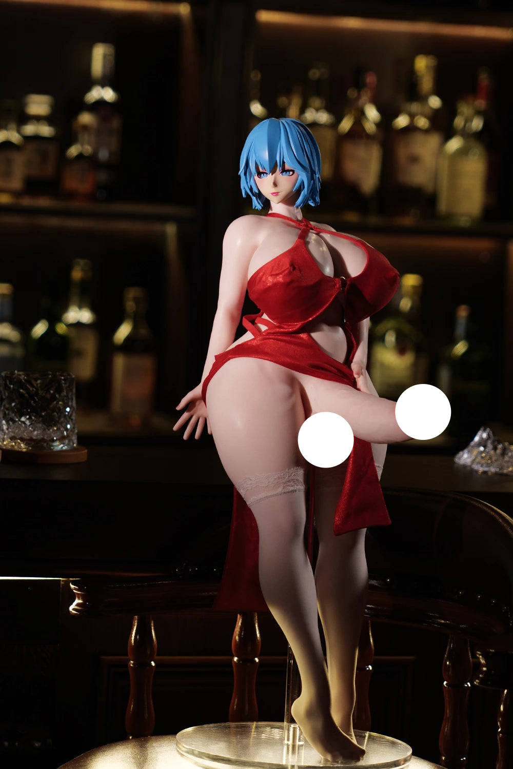 The blue-haired Akeno futa sex doll, showing off its red dress and large penis.