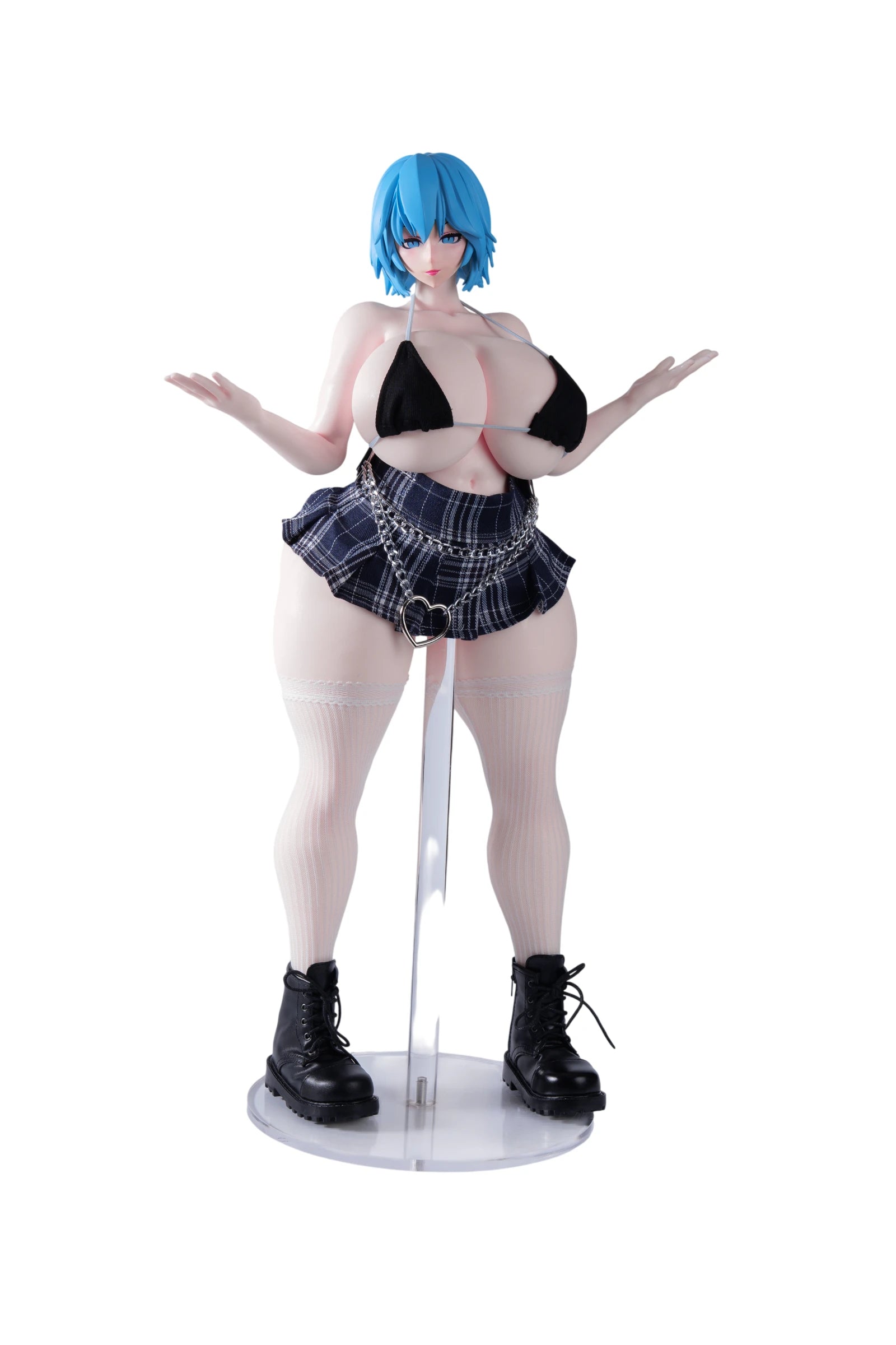 Anime sex doll wearing a black bikini top, plaid mini skirt, white thigh-high socks, and black boots.