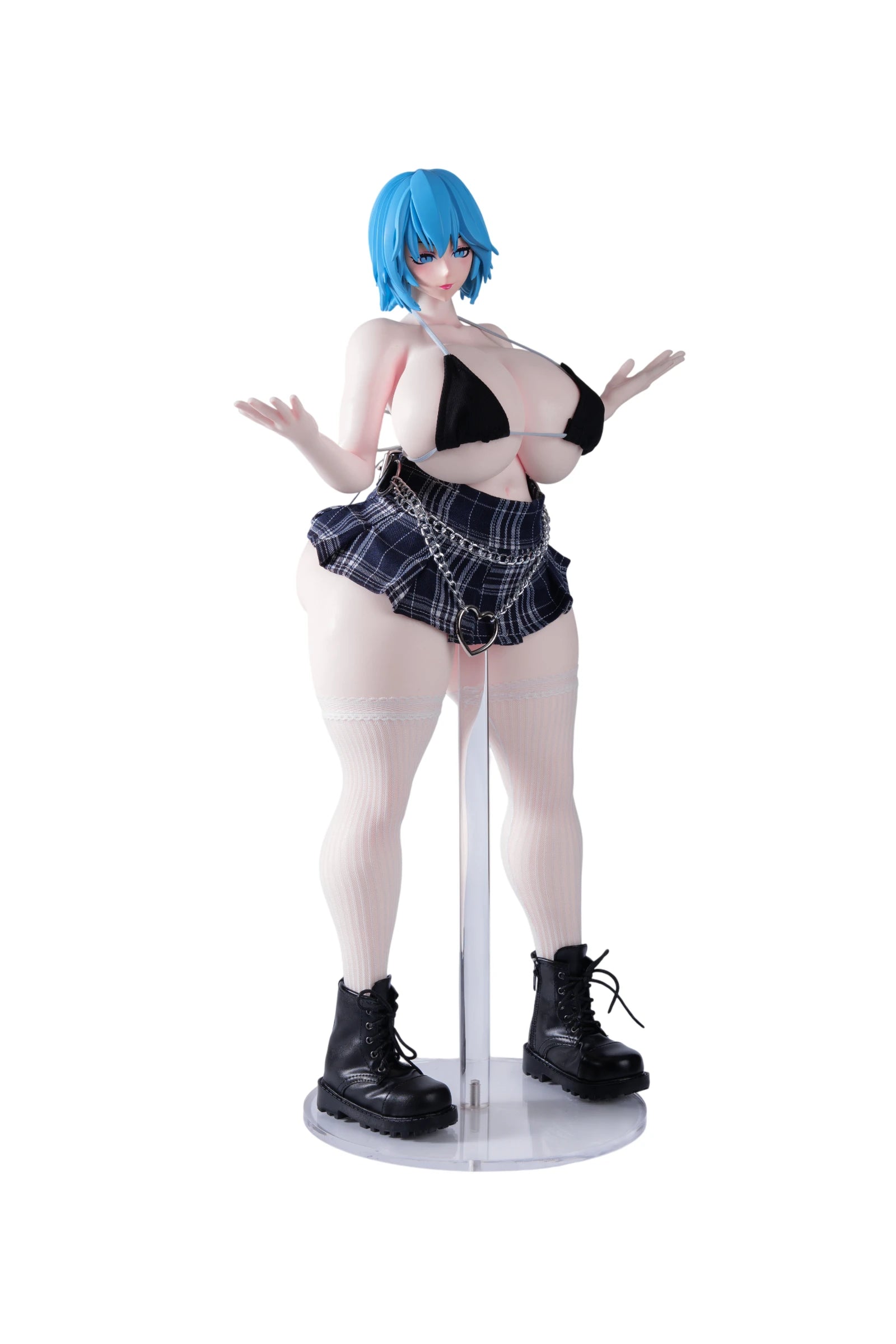 Full-body view of anime sex doll wearing the black bikini top, plaid skirt, white stockings, and black boots.