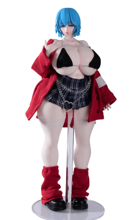 Front view of anime sex doll wearing the red jacket, black bikini top, plaid skirt, stockings, and leg warmers.