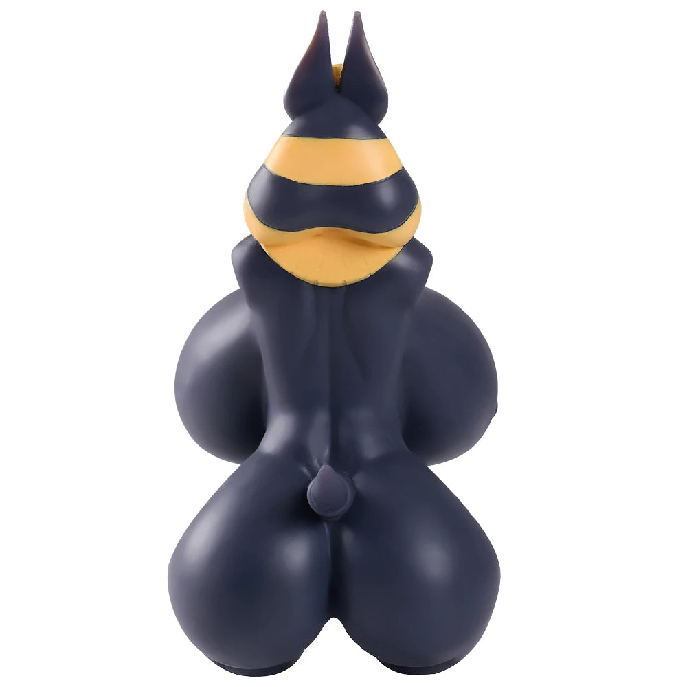 Image of Back view of the Anubis BBW sex doll torso with striped pharaoh headdress, tail and sculpted rear