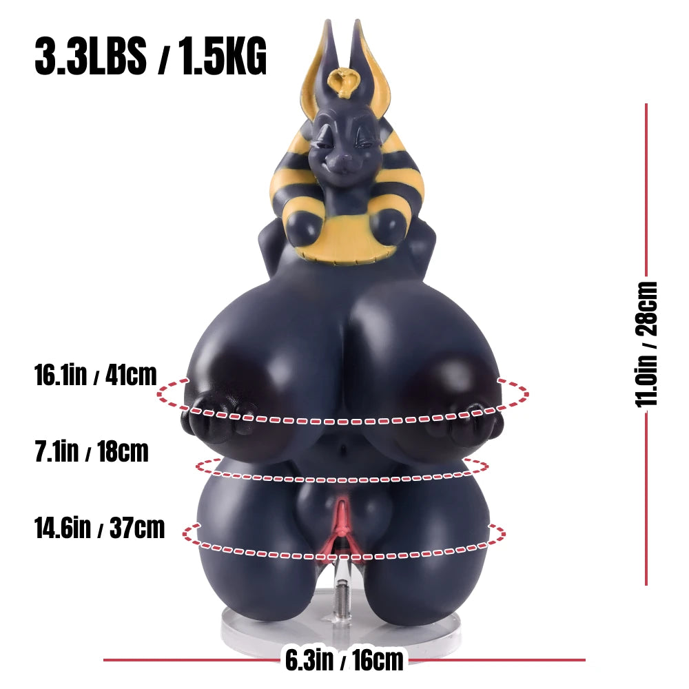 Image of Anubis sex doll torso front view with labeled length, width, bust, waist, hip and weight measurements