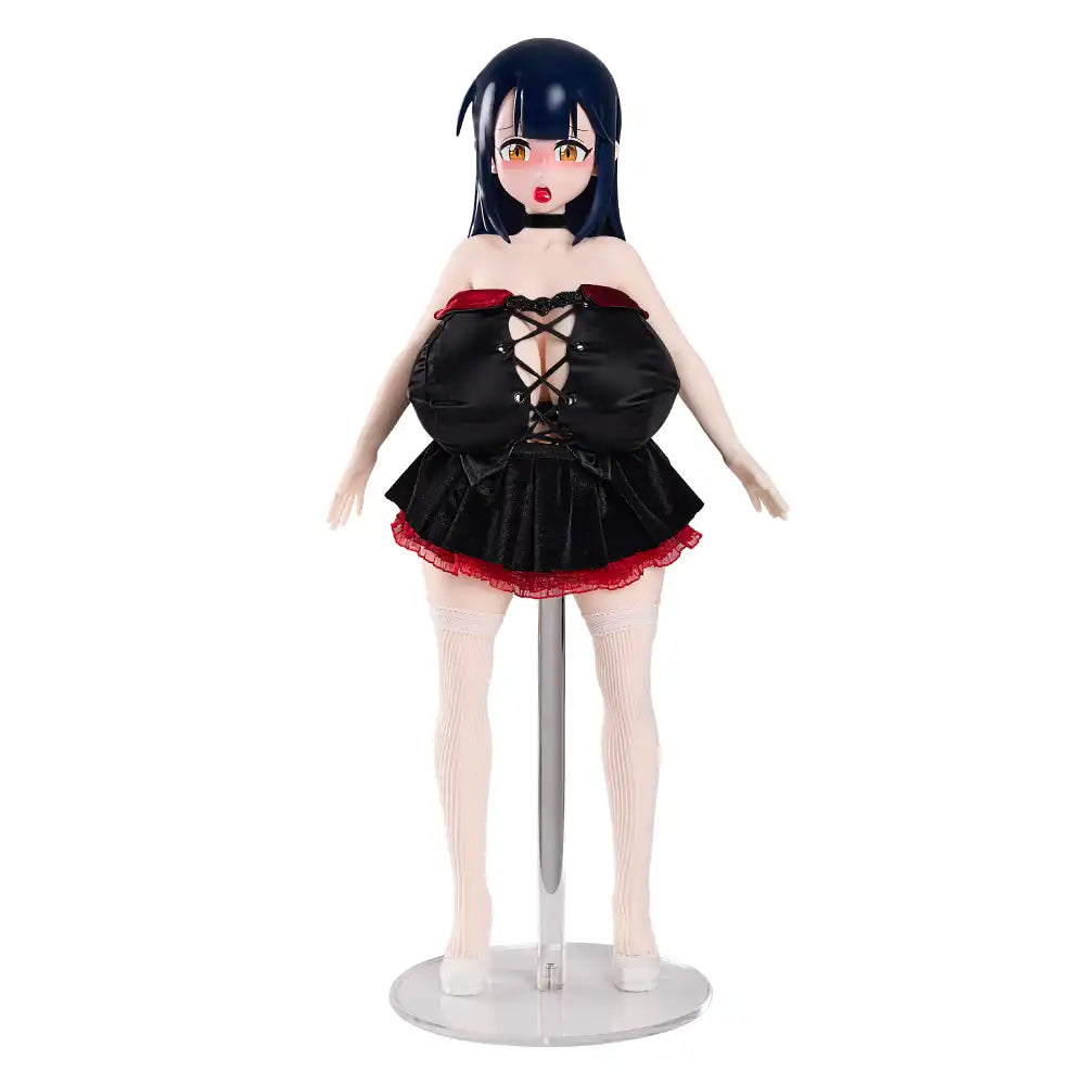 Image of Full-length front view of Audrey in a black-and-crimson Halloween outfit, with long dark blue hair and amber eyes.