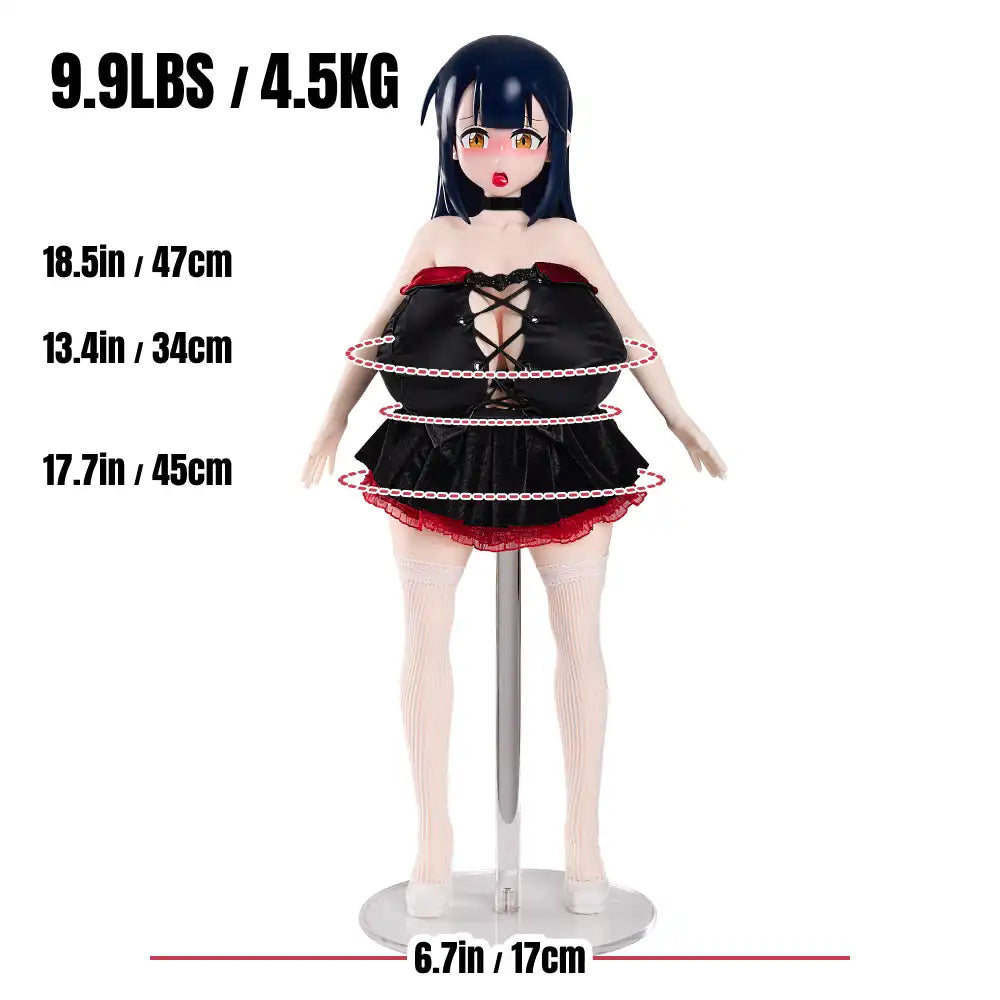 Image of Front view of Audrey with labels for bust, waist, hip, weight, and overall width.