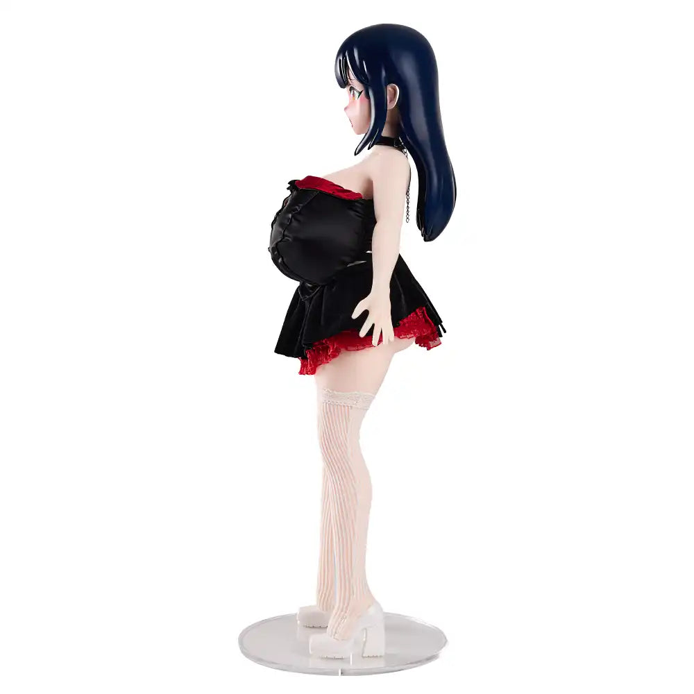 Image of Side profile of Audrey wearing her black dress with crimson trim.