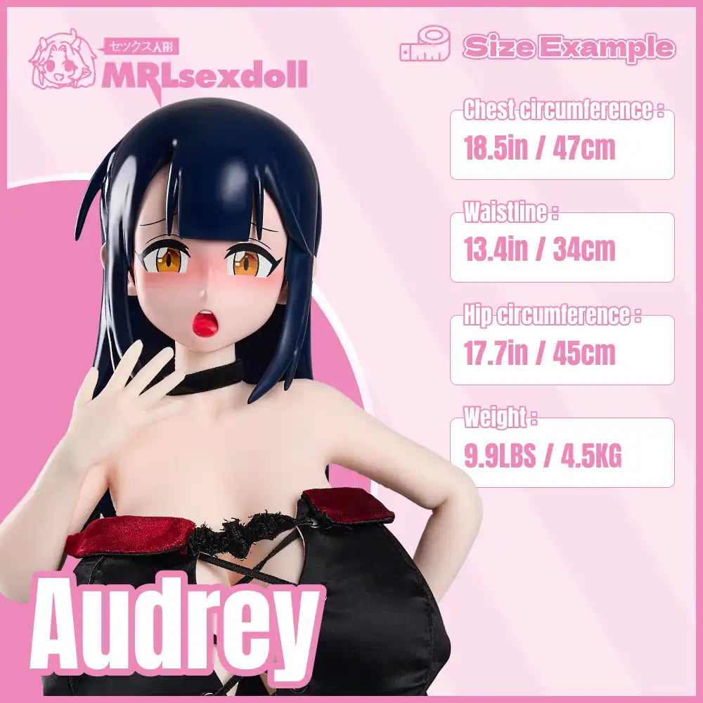Image of Pink Audrey size guide featuring her character portrait and product measurement details.