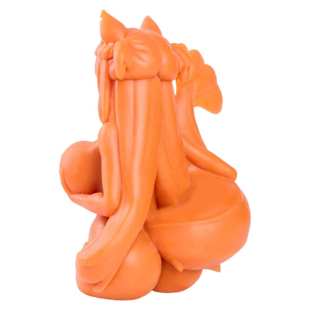 Image of Back three-quarter view of the Ebiko silicone onahole showing her long hair and curled tiger prawn tail