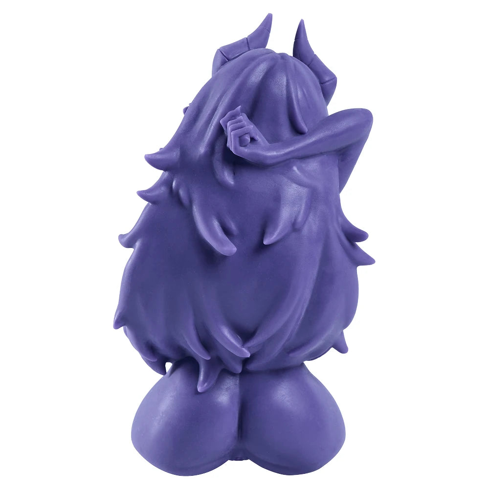 Image of Back view of Aruna onahole showing long sculpted hair, horns, raised arm and rear torso shape