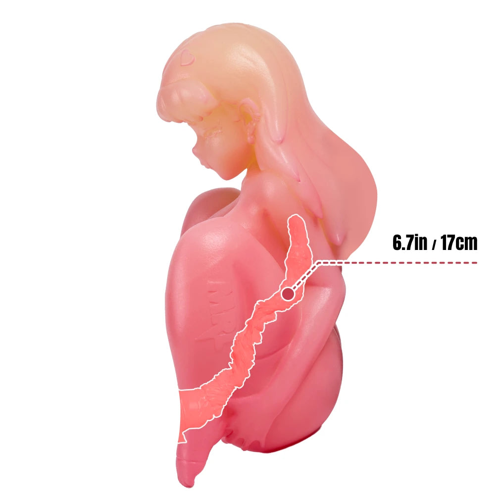 Image of Side view diagram of the Cindy anime onahole showing the 17 cm internal channel.