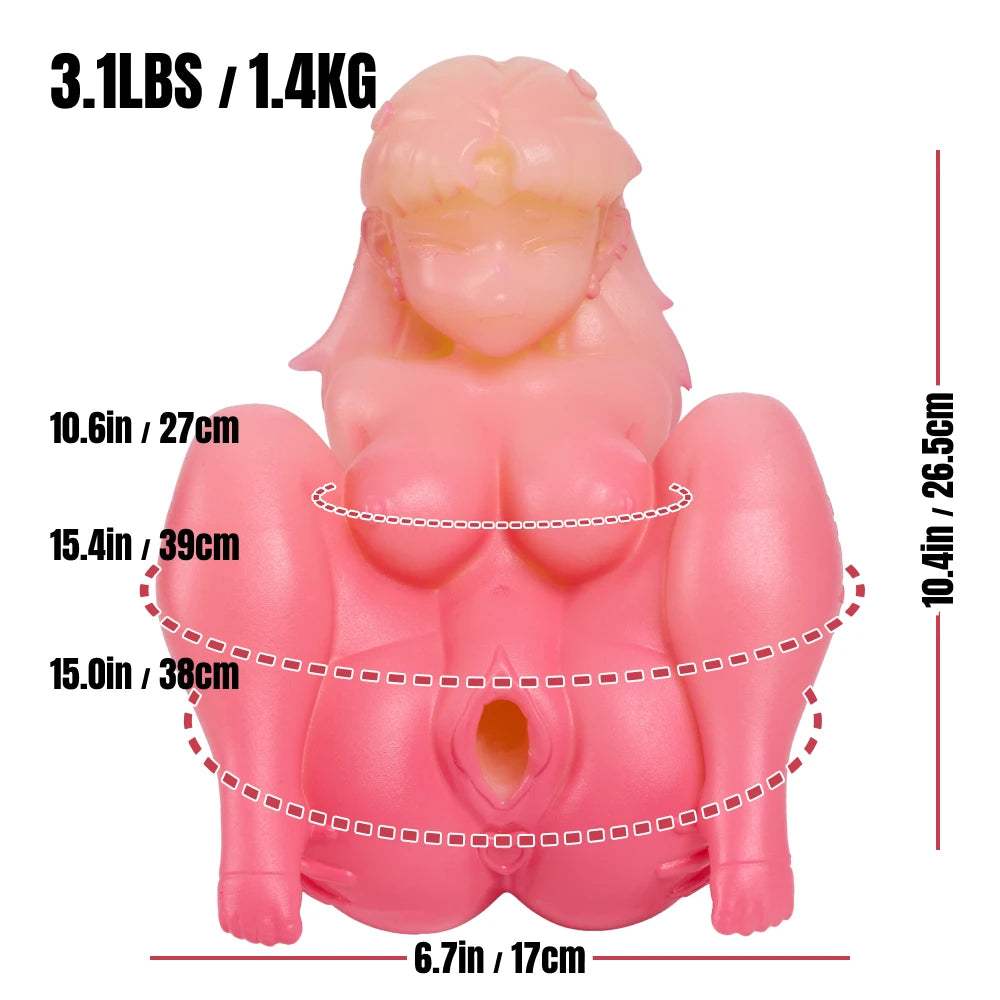 Image of Cindy anime onahole size chart showing height, weight, bust, waist, hips and 17cm channel depth.