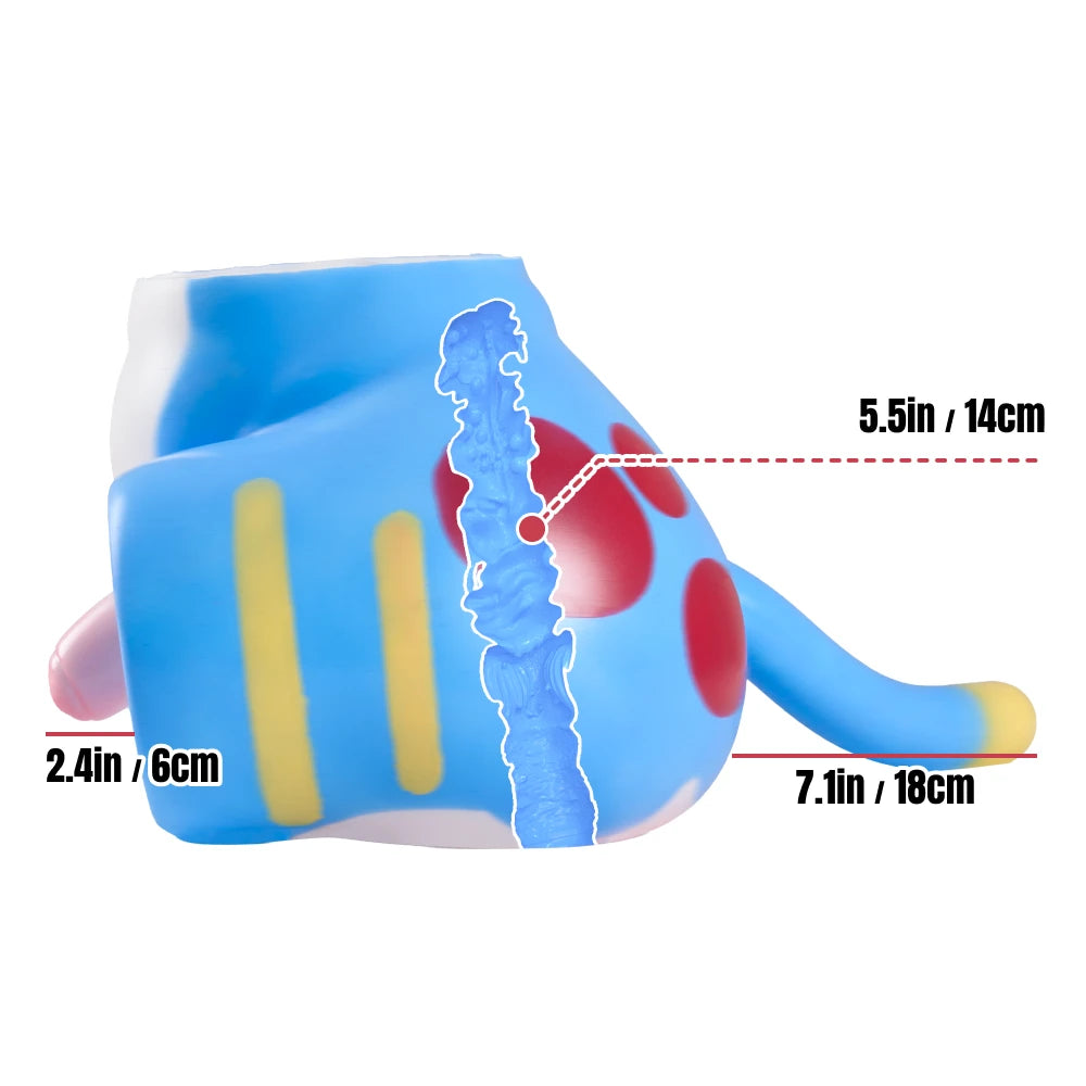 Image of Cove femboy sex doll side diagram showing the 14 cm anal channel, 6 cm penis and 18 cm tail.