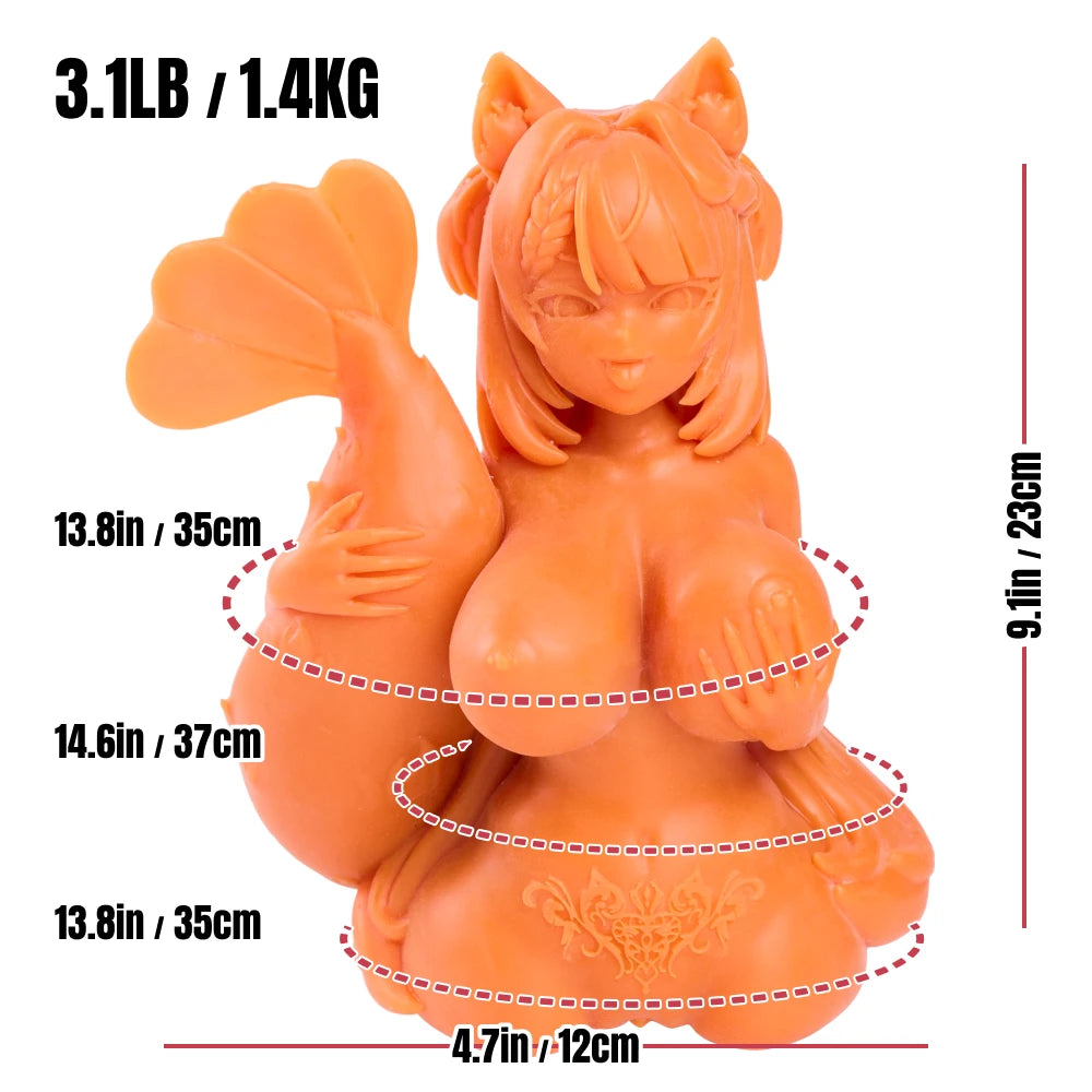 Image of Ebiko onahole measurement diagram showing its height, width, weight, bust, waist, and hip dimensions