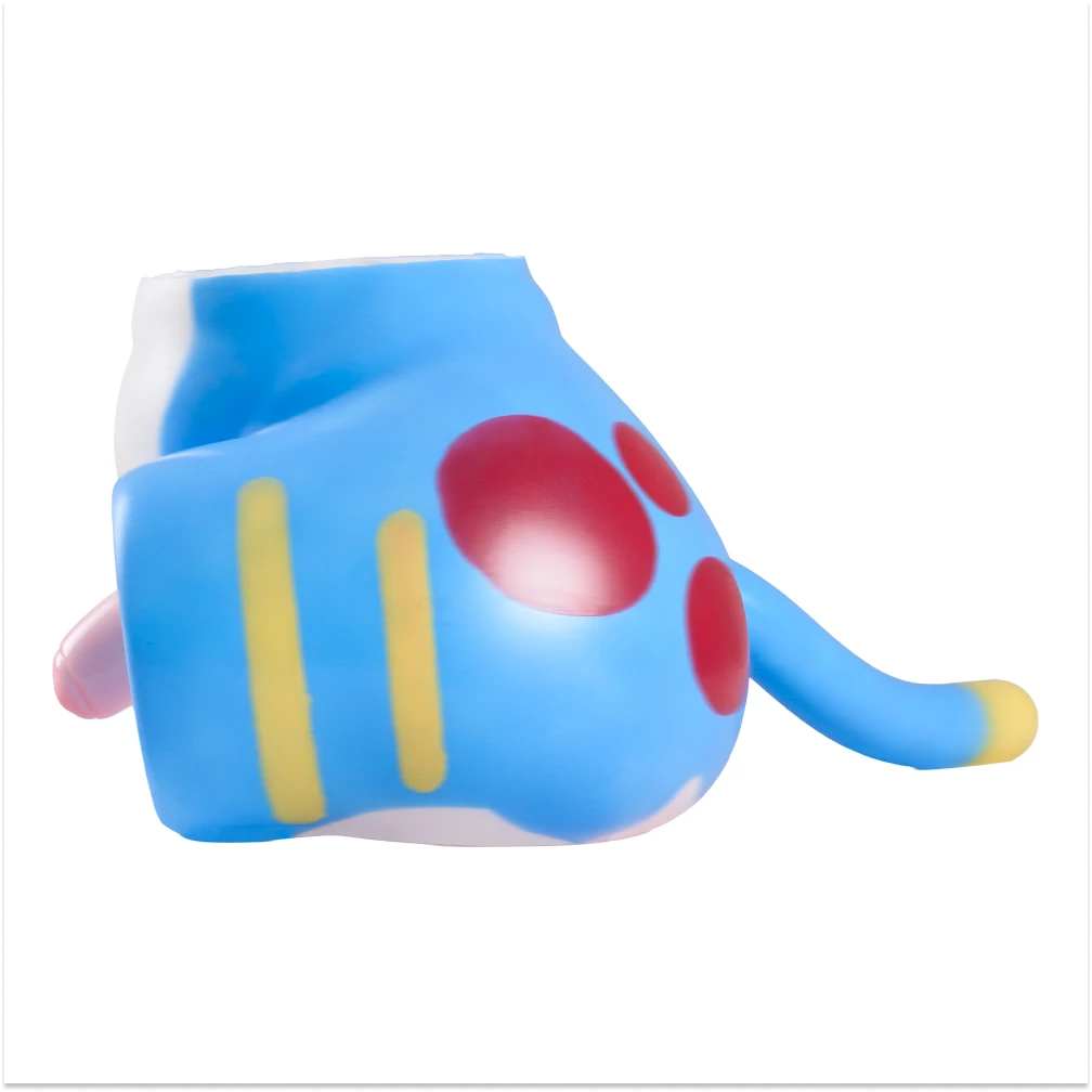 Image of White-background left-side view of Cove blue furry femboy sex doll showing red markings and a yellow-tipped tail.