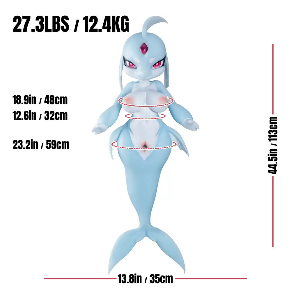Image of Ripna mermaid sex doll dimensions chart showing 113 cm overall length, 35 cm width, 12.4 kg weight and body circumferences.