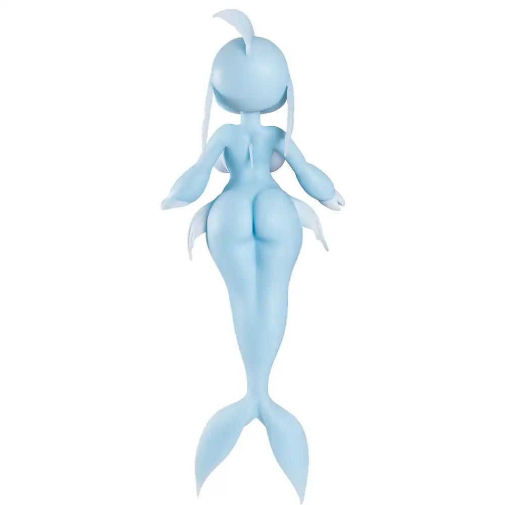 Image of Full rear view of Ripna silicone mermaid sex doll showing the back of her head, sculpted body, side fins and symmetrical tail.