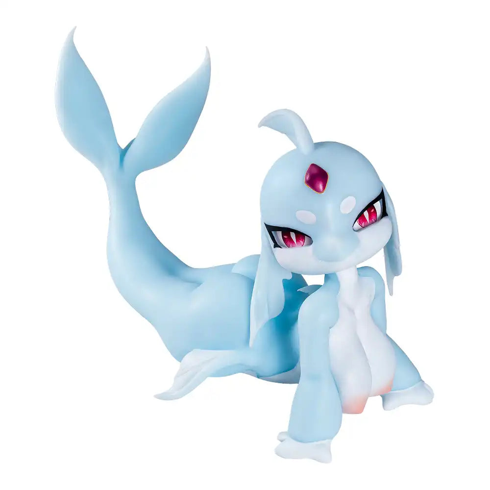 Image of Ripna silicone mermaid sex doll in a reclining front pose with her blue fish tail raised and pink eyes facing forward.