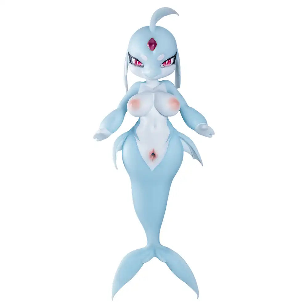 Image of Full front view of Ripna silicone mermaid sex doll showing her pink eyes, forehead jewel, blue body and complete fish tail.