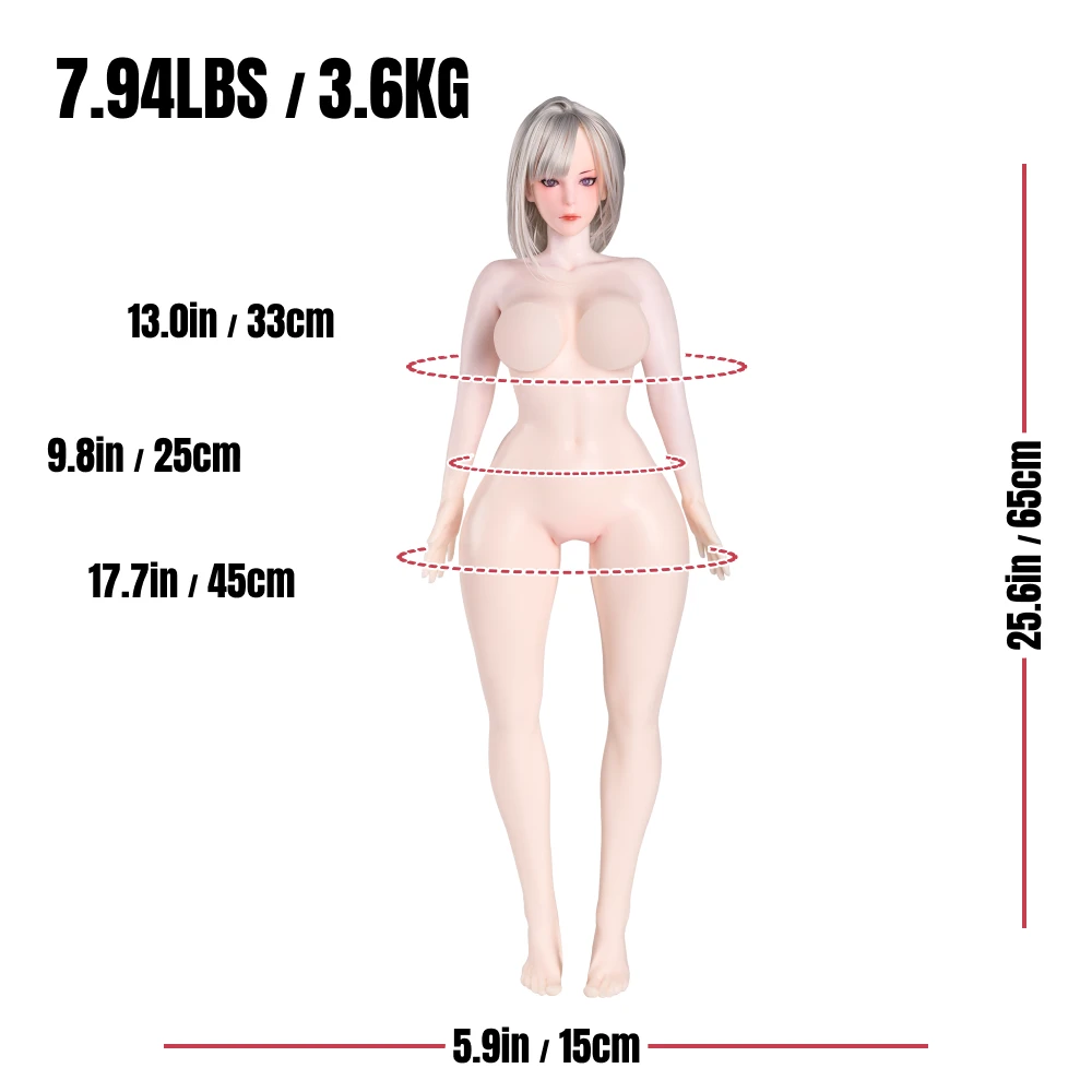 Image of Lily anime sex doll dimensions: 65 cm tall, 3.6 kg, 33 cm bust, 25 cm waist and 45 cm hips.