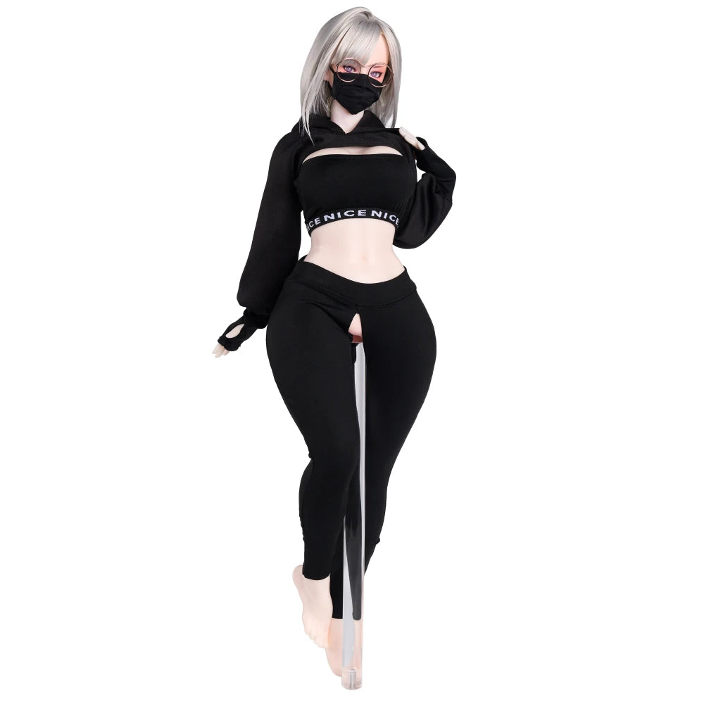 Image of Front three-quarter view of Lily anime sex doll wearing a black hoodie, mask and glasses.