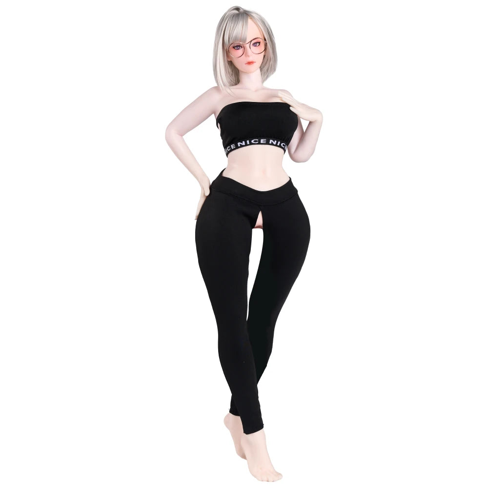Image of Front full-body view of Lily anime sex doll wearing a black outfit and glasses.