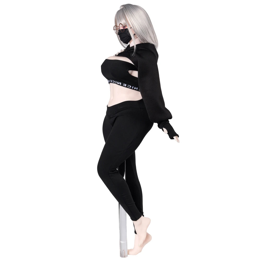 Image of Right-side view of Lily anime sex doll wearing a black hoodie, mask and pants.
