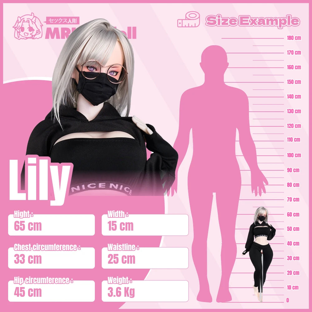 Image of Lily anime sex doll size comparison chart showing 65 cm height, 15 cm width and body measurements.