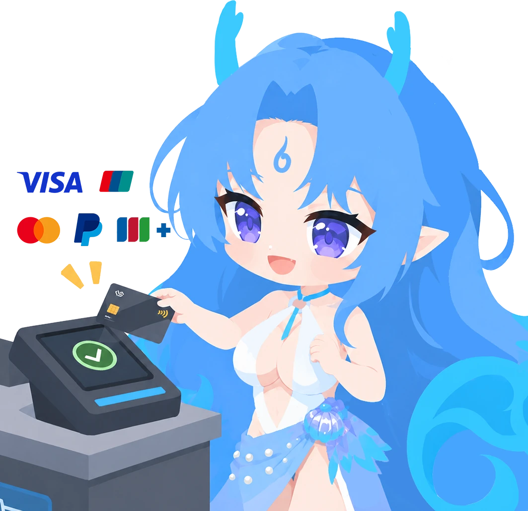 Blue-haired MRL mascot making a secure card payment with Visa, Mastercard, and PayPal options