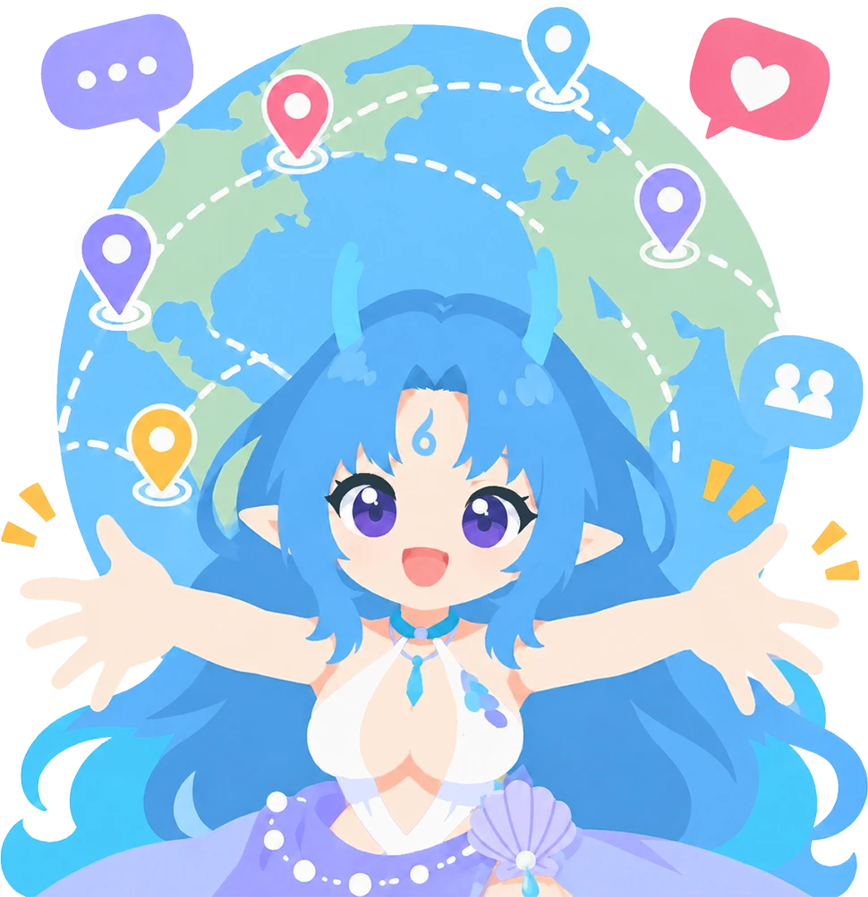 Blue-haired MRL mascot welcoming customers to a global community connected by location and social icons