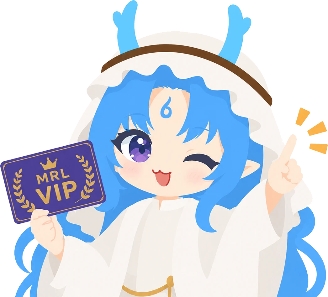 Blue-haired MRL mascot holding an MRL VIP card to represent exclusive member benefits and rewards