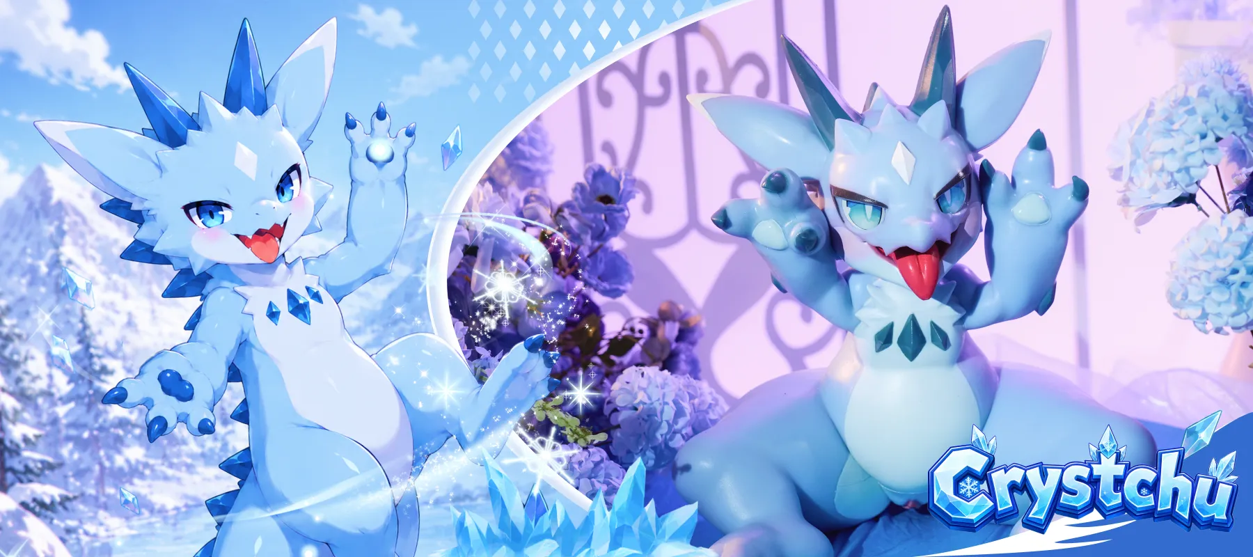 Image of Crystchu original ice-dragon fantasy doll with character artwork and silicone product display