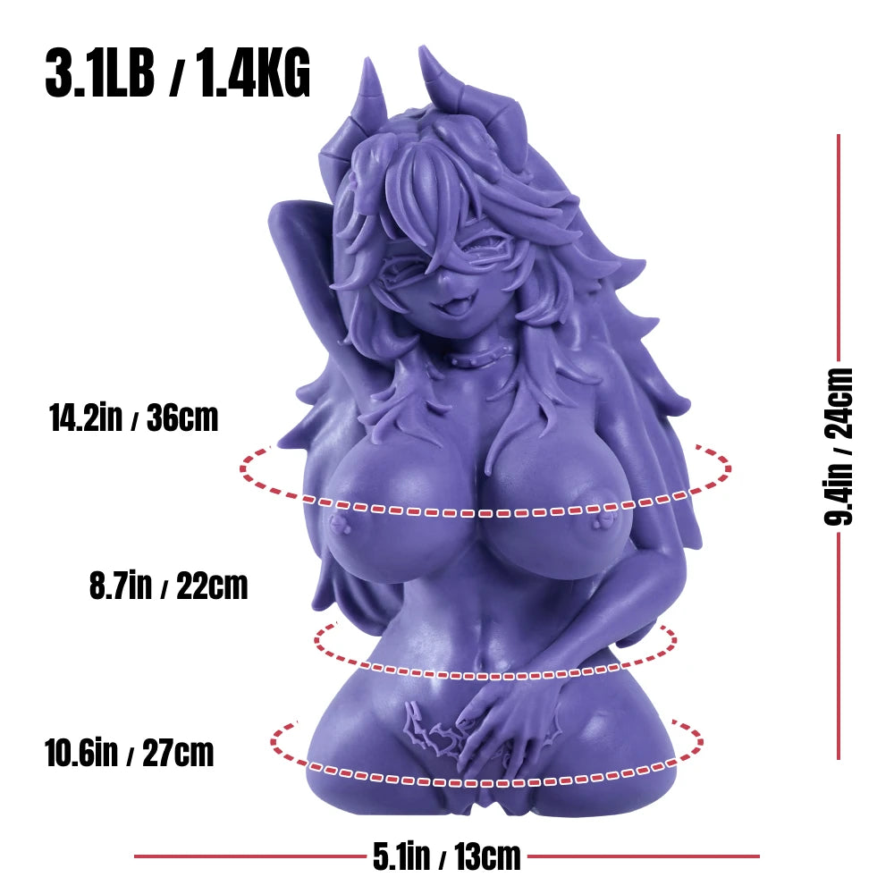 Image of Aruna onahole front view with product size, weight, bust, waist, hip and height measurements