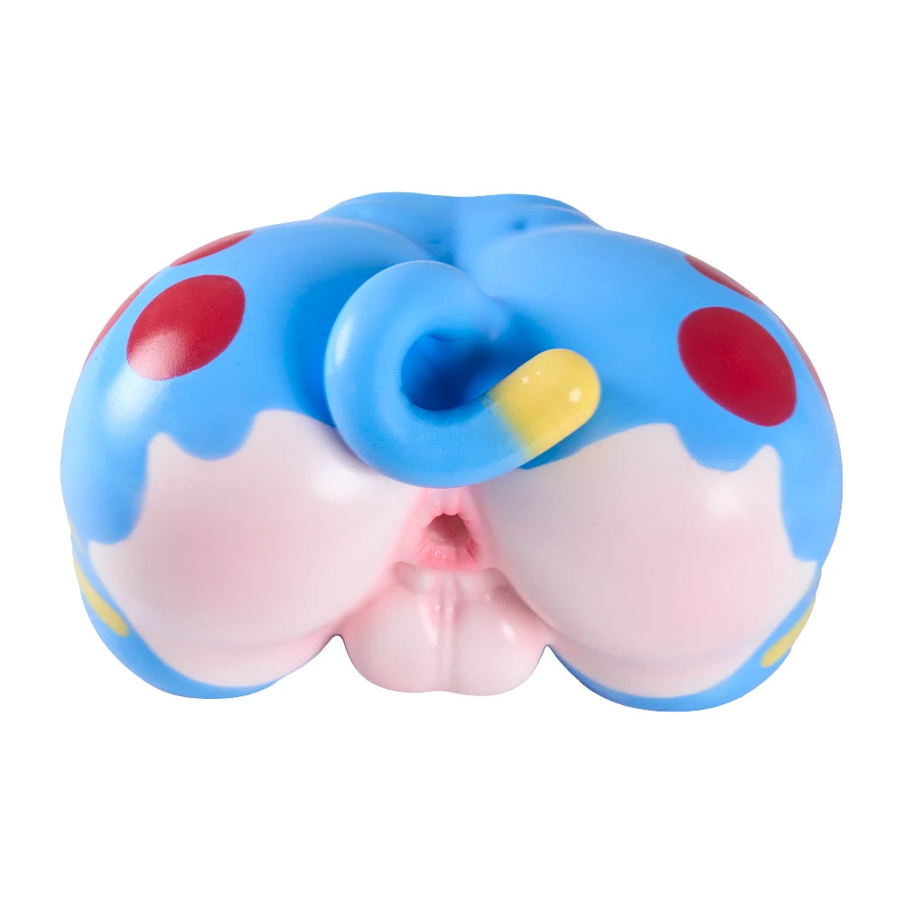 Image of White-background rear-top view of Cove blue furry femboy sex doll, showing red markings, tail and anal channel.
