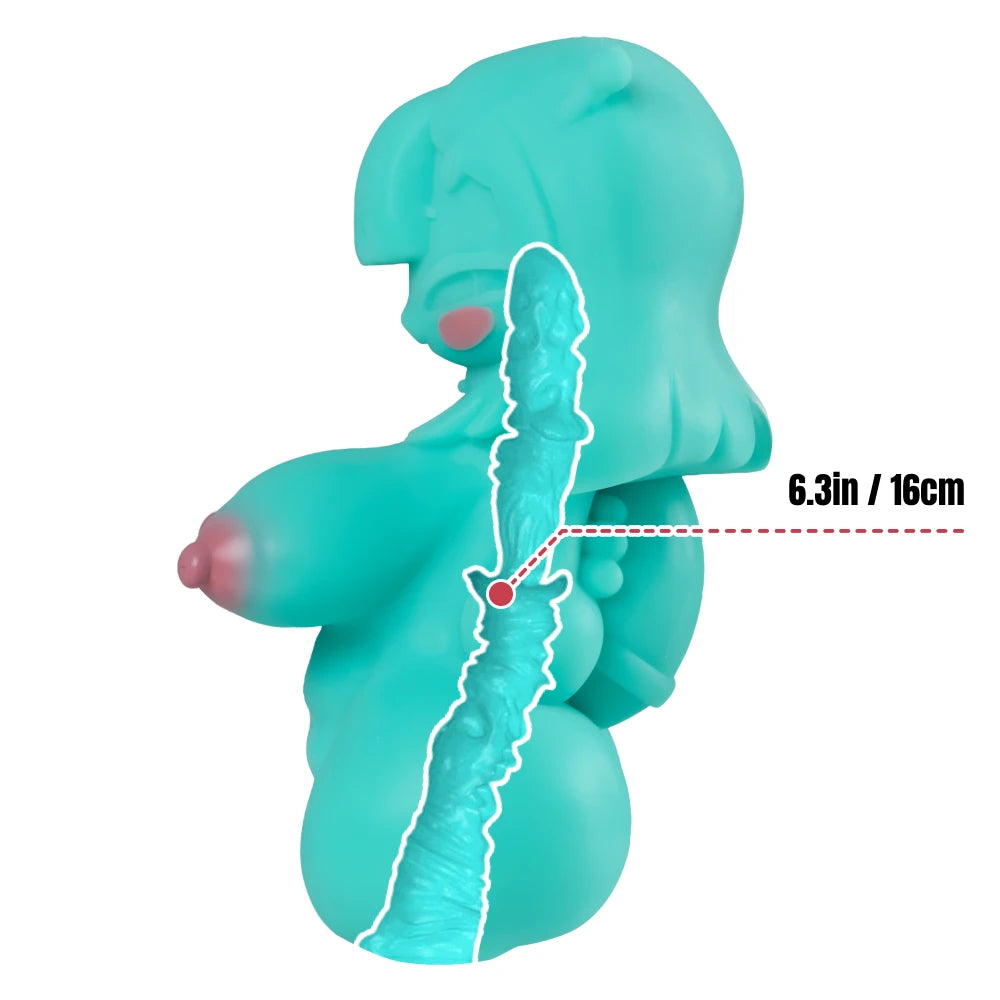 Image of Side-view diagram showing Rei’s vaginal channel and its labeled 16 cm (6.3 in) depth.