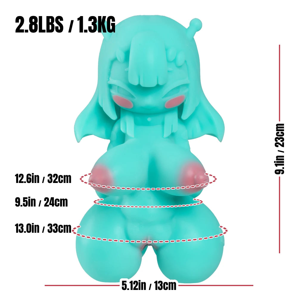 Image of Front-view measurement graphic labeling Rei’s 23 cm length, 13 cm width, bust, waist, hip, and 1.3 kg weight.