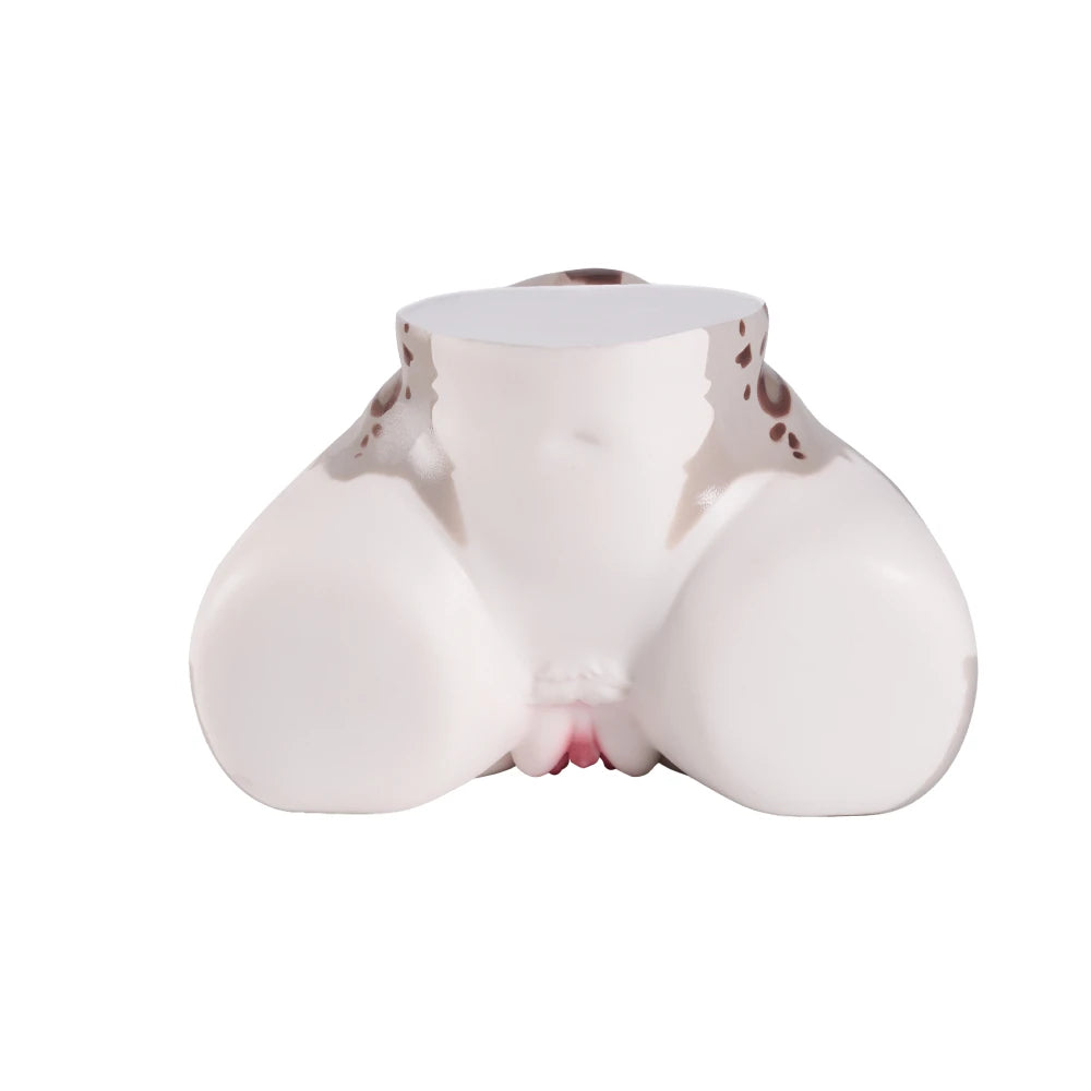 Front view of the Shira snow leopard furry sex doll torso on a white background