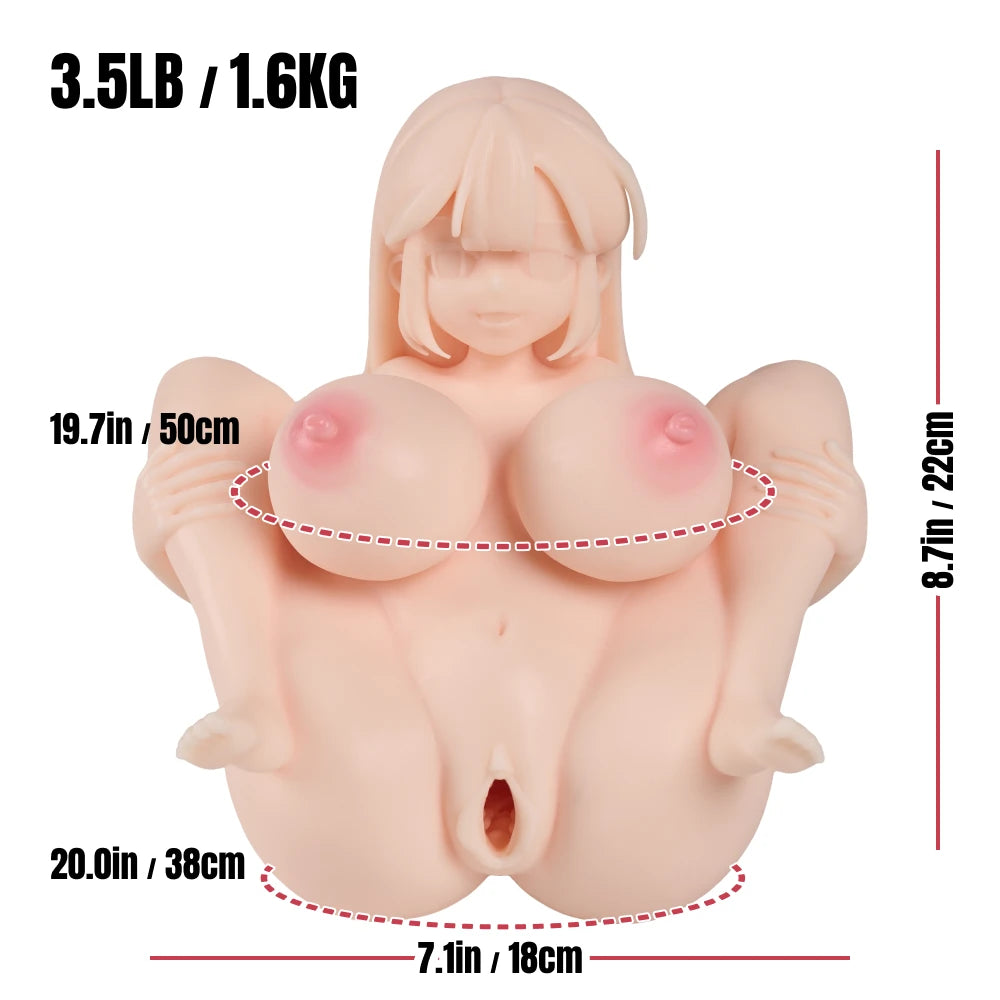 Image of Audrey anime onahole measurement diagram showing the product dimensions, weight, bust and hip circumferences